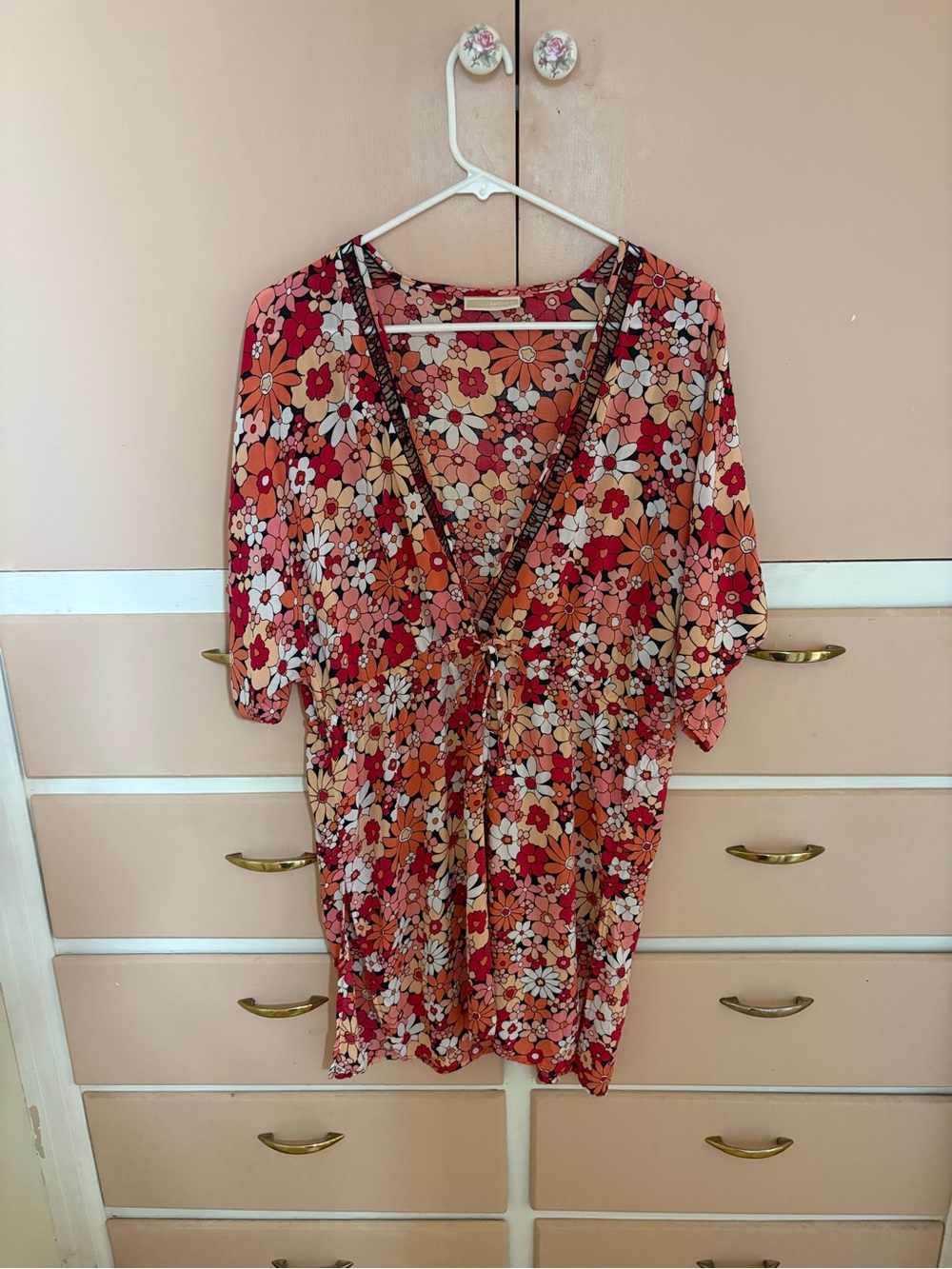 Michael Kors Floral V-Neck Tunic in Coral, Pink & Orange